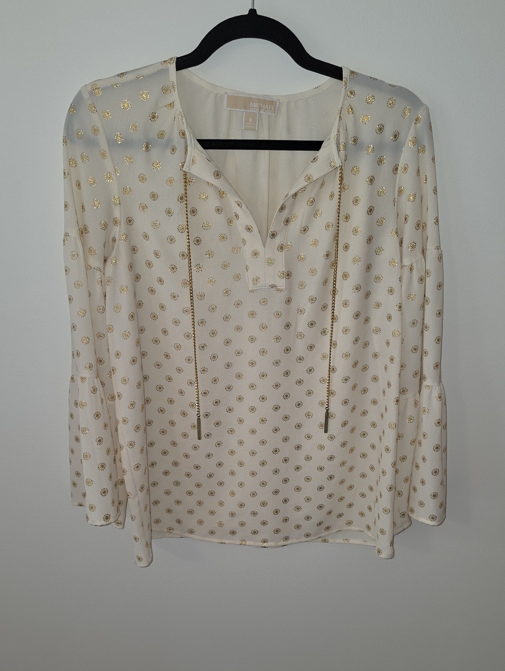 Michael Kors Cream Blouse with Gold Dot Trim and Tassles